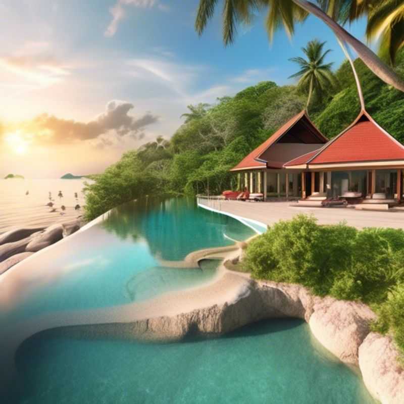 A serene couple practicing yoga on a tranquil beach at Koh Phangan, Thailand, surrounded by lush palm trees, embodying the essence of luxury wellness travel during their one-week winter retreat.