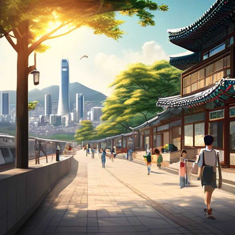 A solo luxury traveler immersing in the vibrant atmosphere of Seoul, South Korea, during the summer, surrounded by colorful festival decorations and lively street performances, capturing the essence of a 5-day cultural adventure.